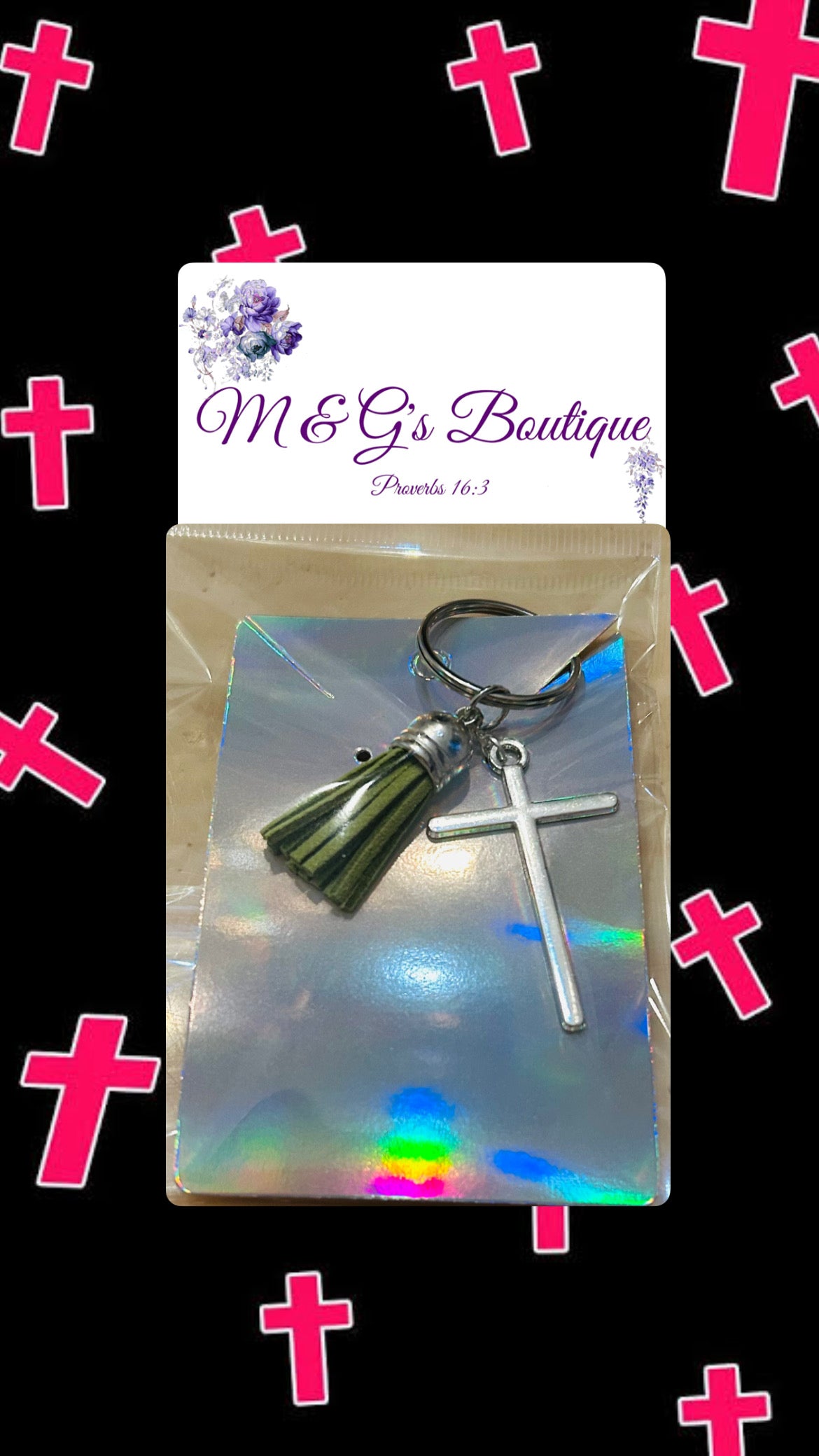 Cutie Creations Cross Charms Keychains - Simple Cross with Olive Tassel