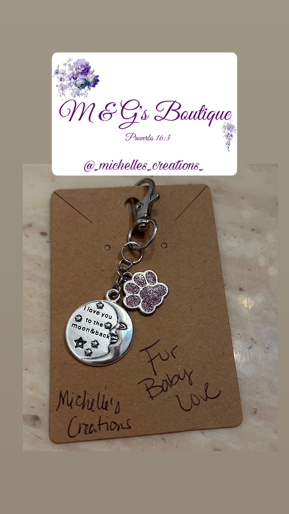 Cutie Creation “Fur Baby Love” zipper bag keychain in purple and silver