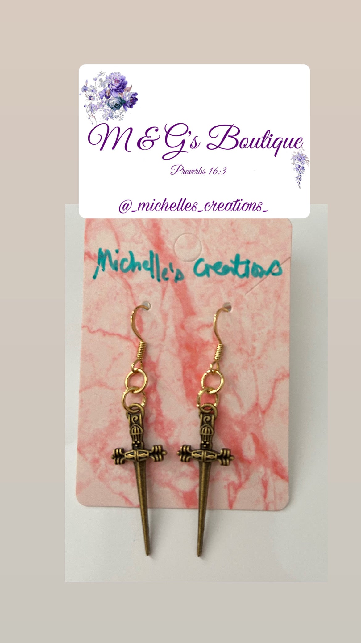 Cutie Creation Antique Brass Styled Sword Charm Earrings