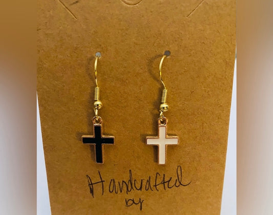 CLEARANCE Handcrafted Black and White Cross Mix Match Earrings Drop - Black and White