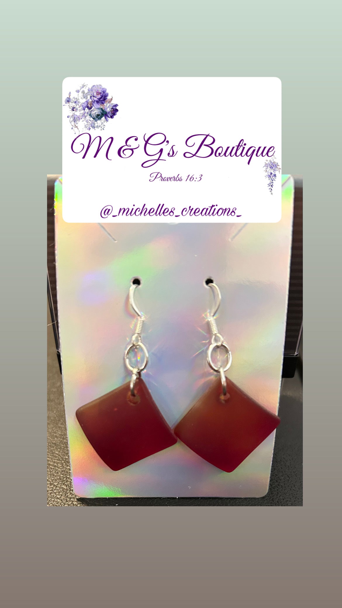 Cutie Creation Cherry Red Beach-Style Glass Curved Diamond Square Pendant Valentine Earrings