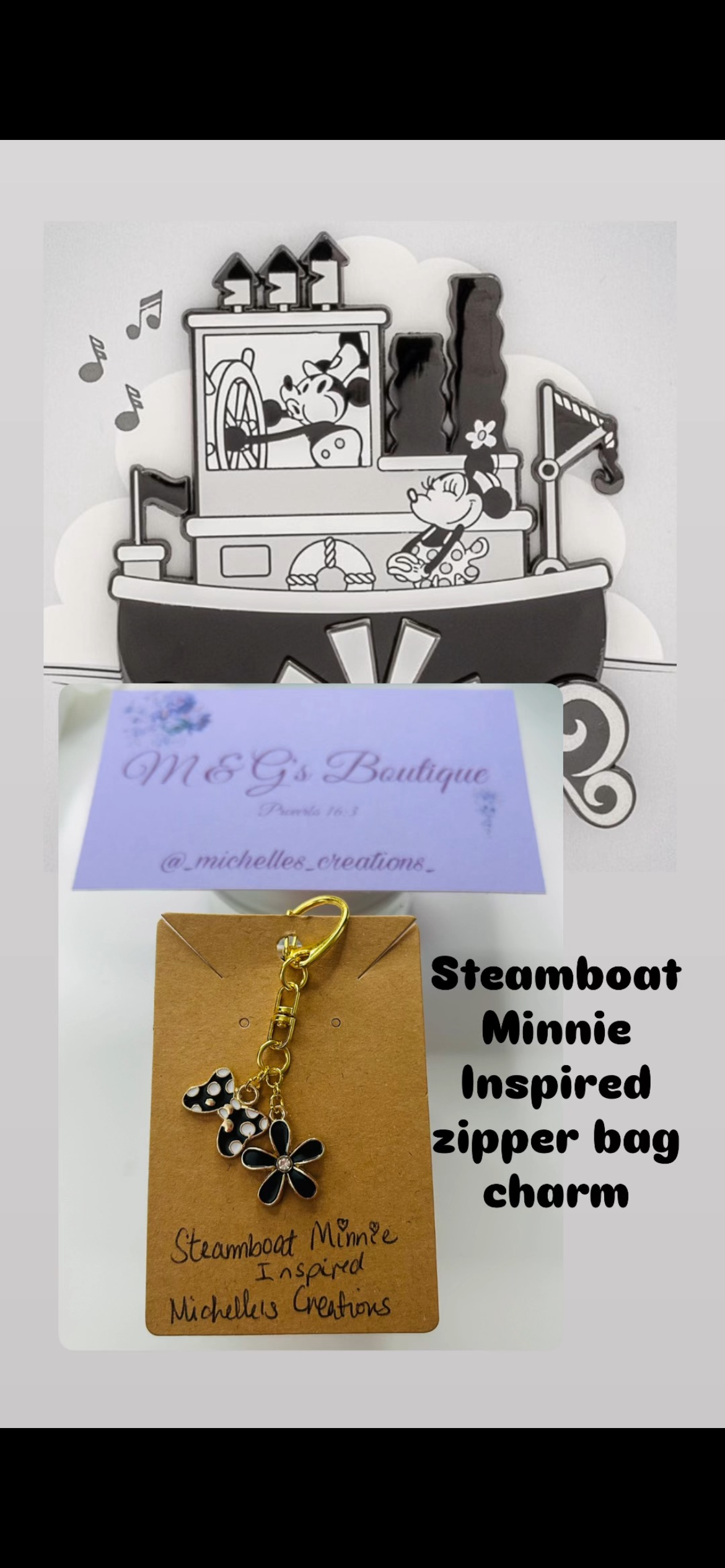 Handmade Steamboat Minnie Inspired Zipper Bag Charm Keychain Black and White