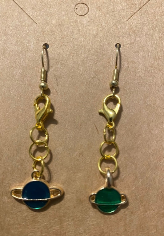 Handcrafted Mix Match Blue & Green Planet Charms Gold tone Earrings