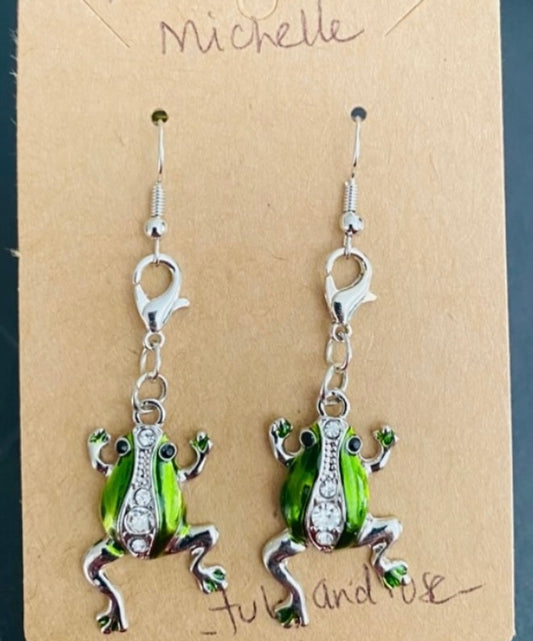 Handmade Green “Charmed Blingy Froggy” Charm Silver tone Earrings Approx 2” long