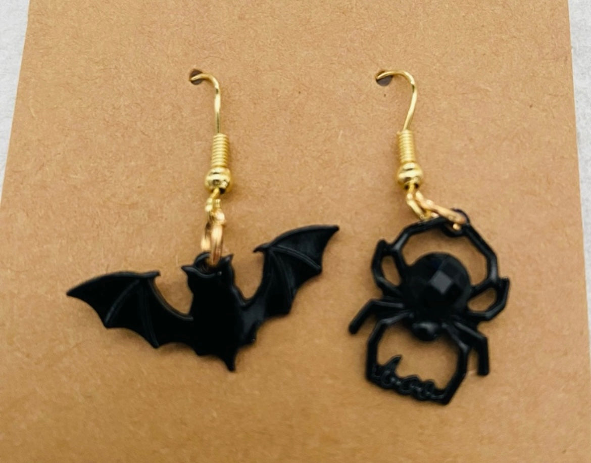 Handcrafted Spooky Season  Mix Matched Bat and Spider Fashion Drop Earrings
