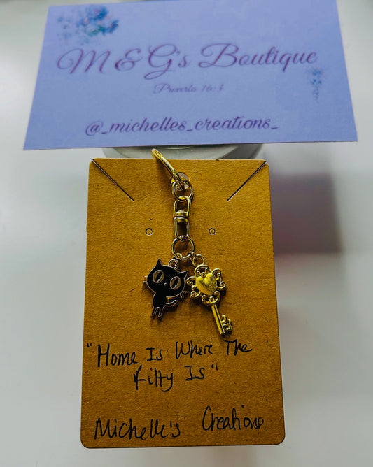 Handmade “Home Is Where The Kitty Is” Key and Kitty keychain. Gold-tone.