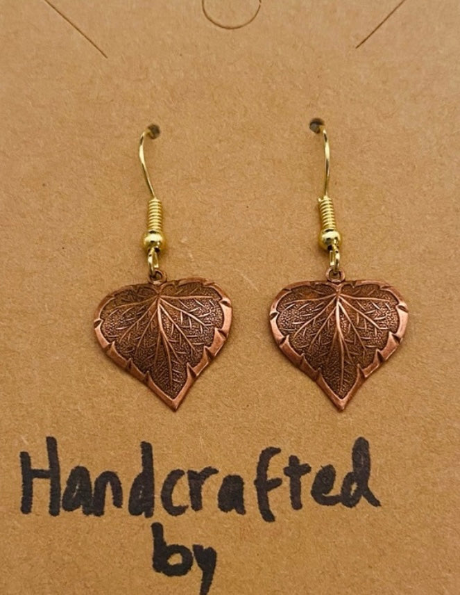 Handcrafted Artisan Fall Copper Leaf Drop Earrings