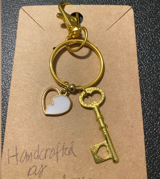CLEARANCE Handmade Cute “Key To My Heart” key and half heart keychain. Gold-tone.