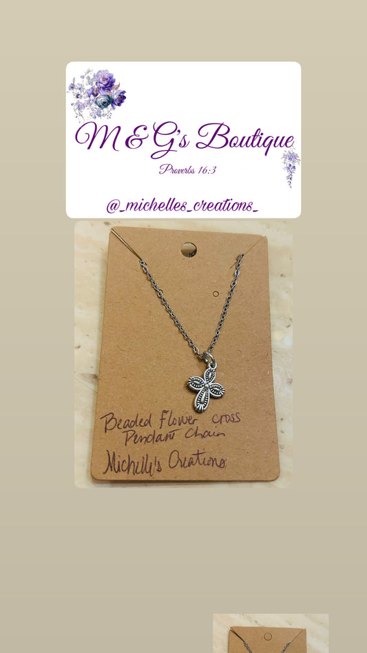 Necklace Beaded Flower Cross Pendant Chain