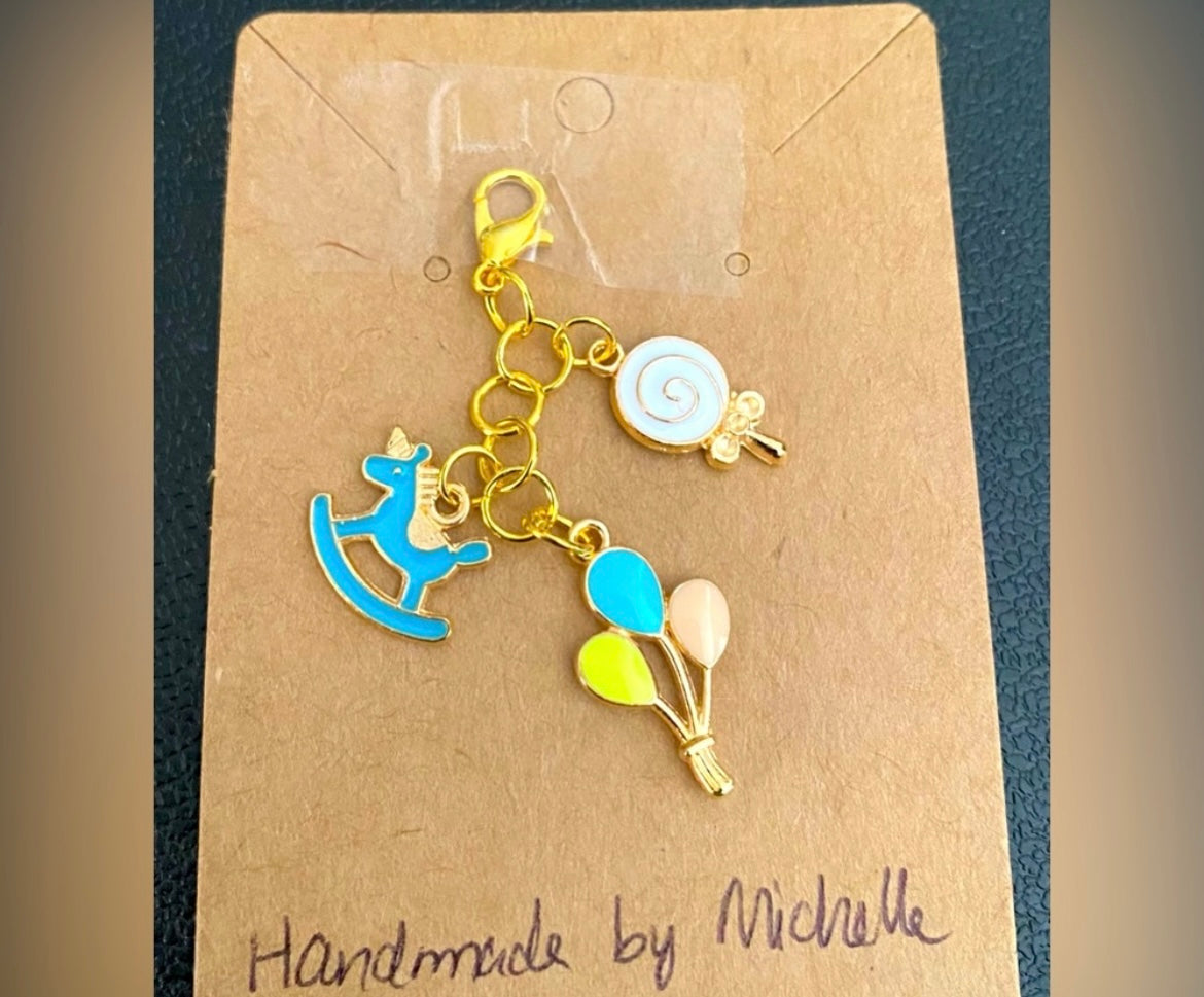 Handcrafted Bag/Zipper Charms Balloons, Unicorn Rocking Horse, Lollipop gold tone