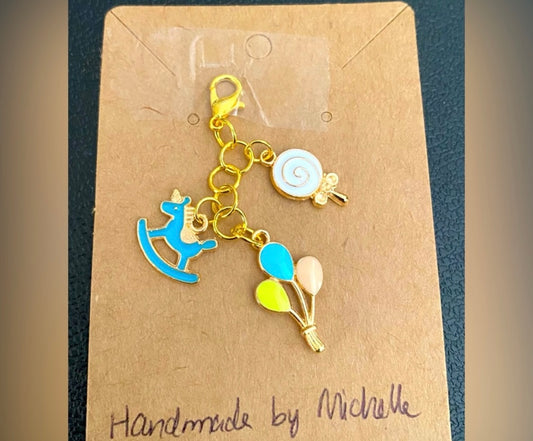 Handcrafted Bag/Zipper Charms Balloons, Unicorn Rocking Horse, Lollipop gold tone