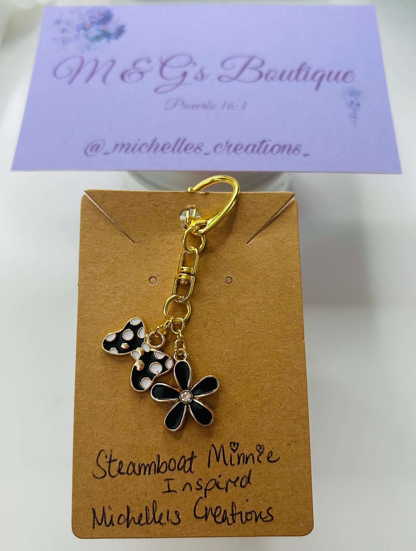 Handmade Steamboat Minnie Inspired Zipper Bag Charm Keychain Black and White
