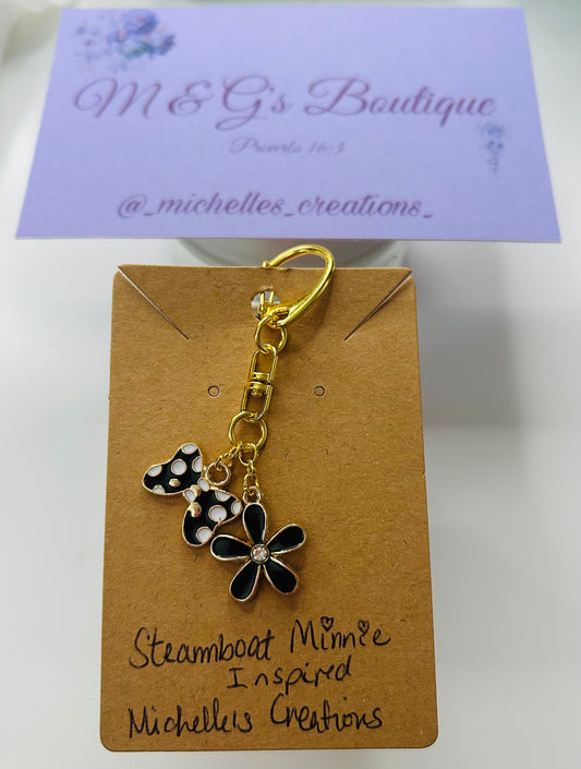 Handmade Steamboat Minnie Inspired Zipper Bag Charm Keychain Black and White