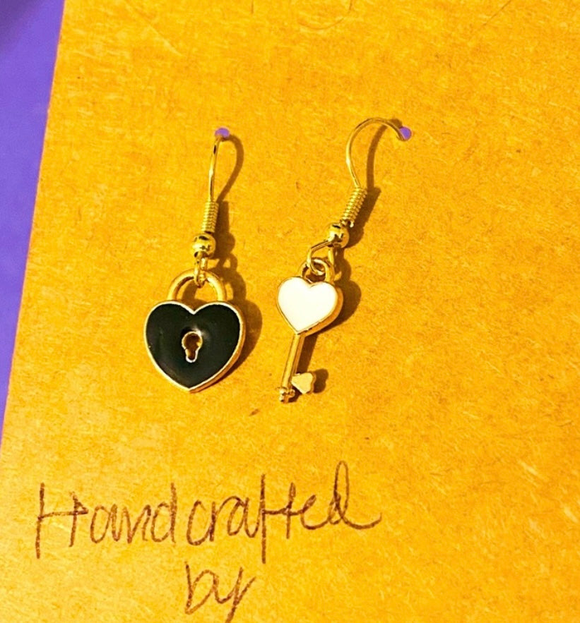 Handcrafted Heart Key and Lock Mix Match Earrings Drop - Black and White