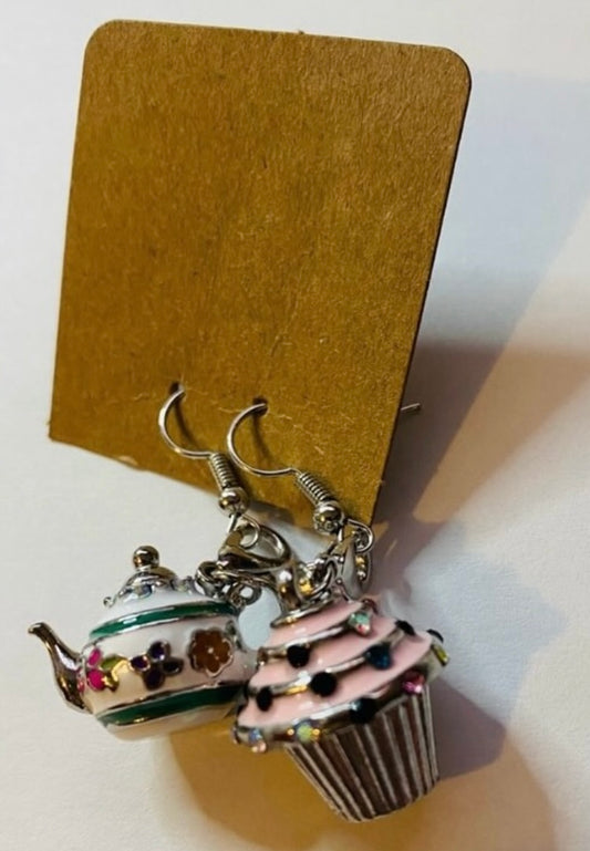 Handcrafted Tea Time Earrings - Mix-Matched Tea Pot and Cupcake Charm Earrings
