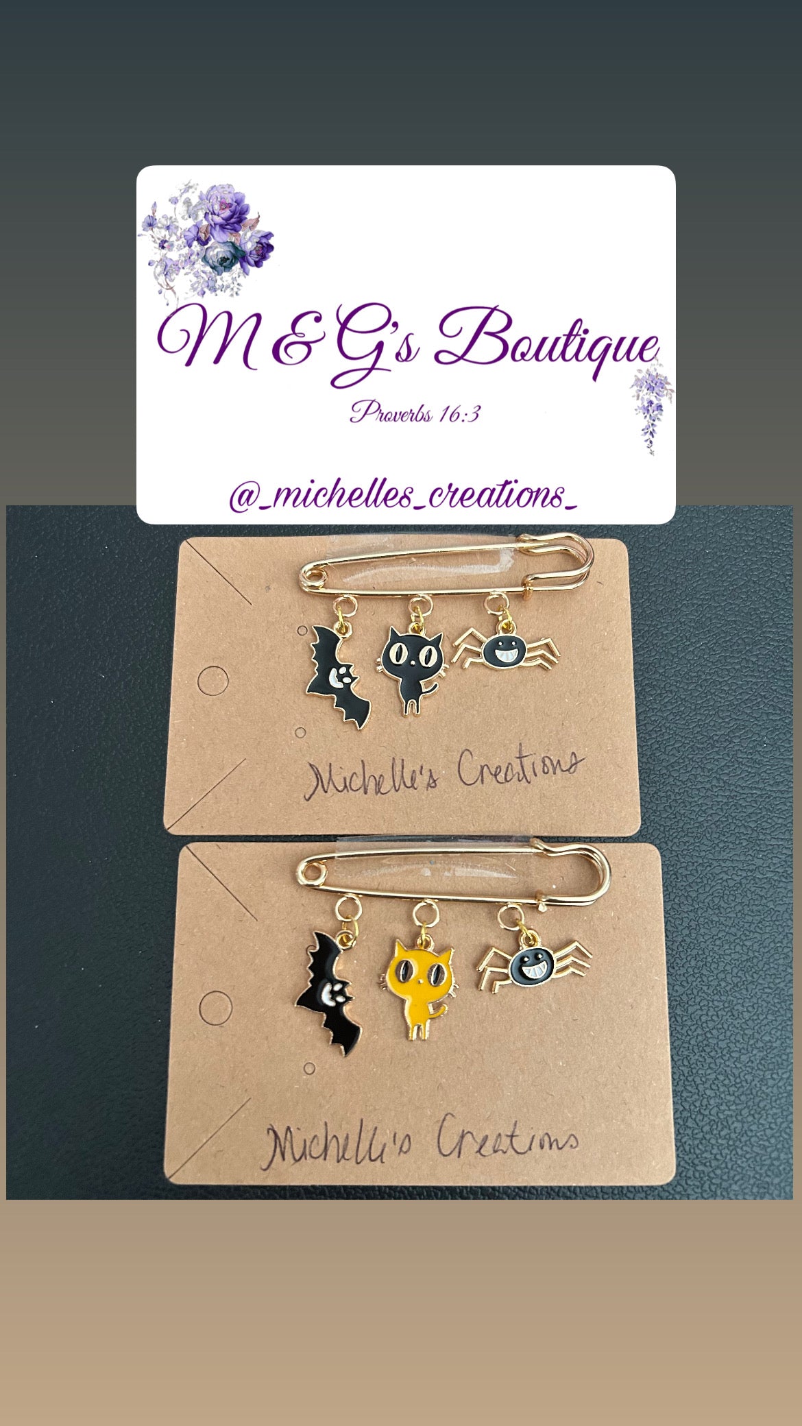 Cutie Creation Bat, Kitty, Spider Charms Brooch Pin