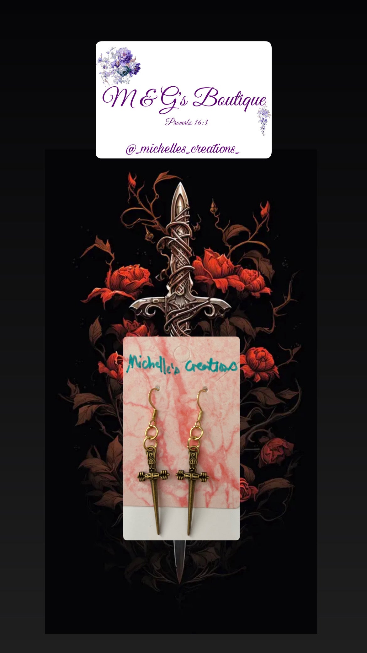 Cutie Creation Antique Brass Styled Sword Charm Earrings