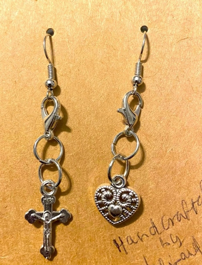 Handmade Mix Match Jesus Crucified and Sacred Heart Charm Silver tone Earrings
