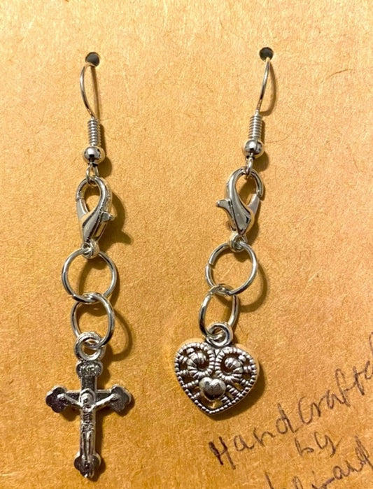 Handmade Mix Match Jesus Crucified and Sacred Heart Charm Silver tone Earrings