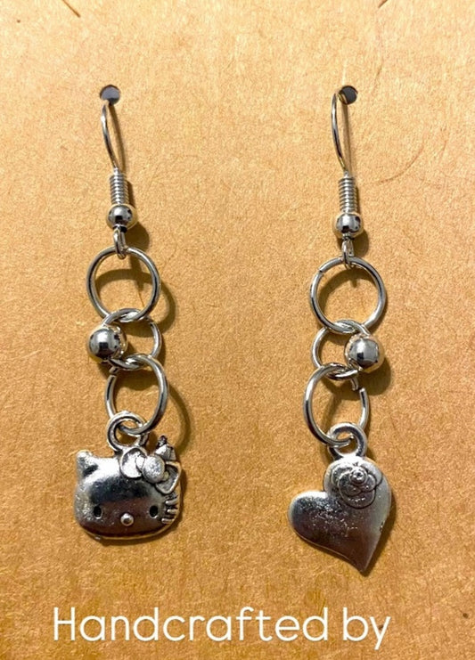 Handmade Mix Match Hello Kitty and Heart Silver tone Earrings