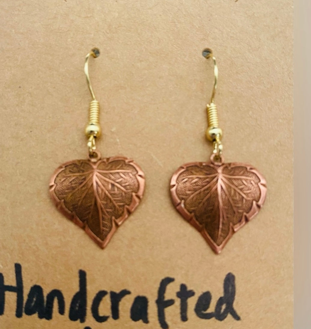 Handcrafted Artisan Fall Copper Leaf Drop Earrings