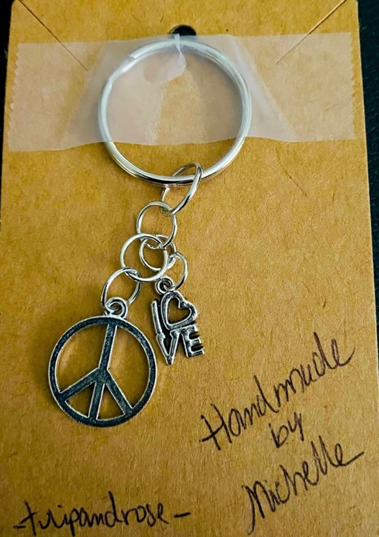 Handmade Love & Peace keychain. Silver-tone.