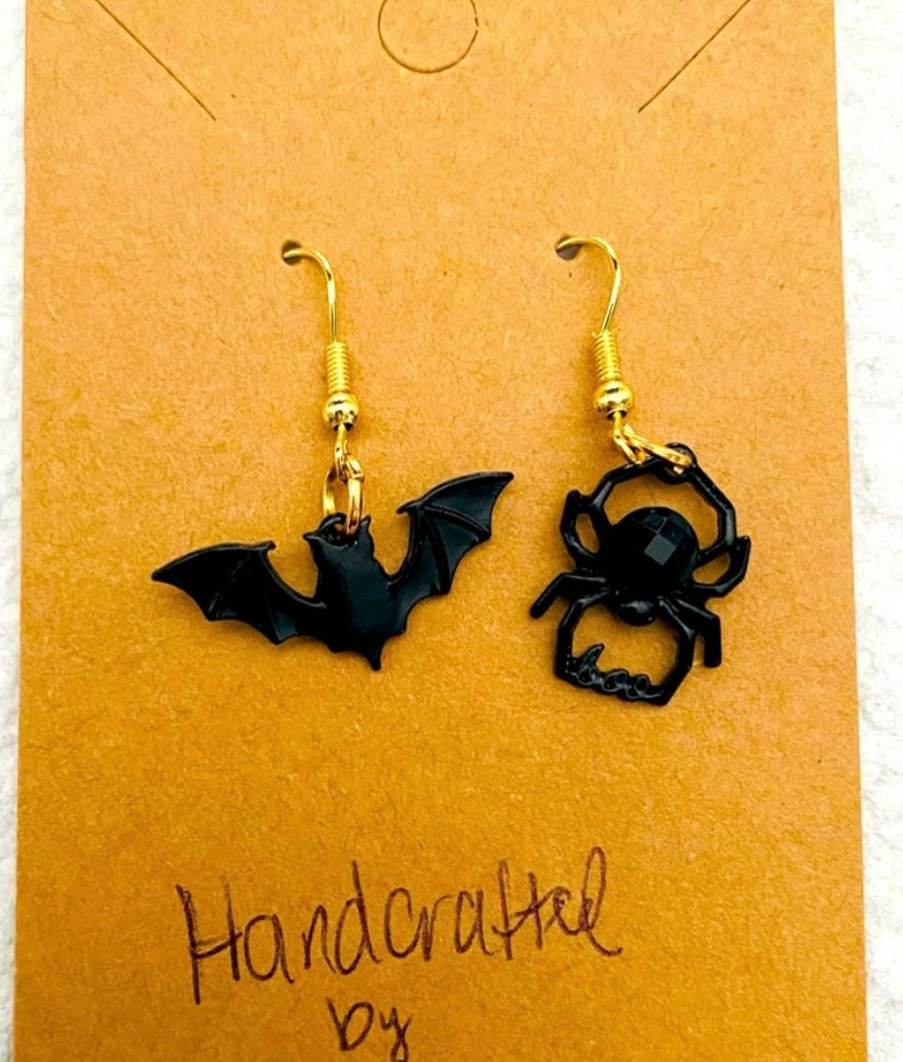 Handcrafted Spooky Season  Mix Matched Bat and Spider Fashion Drop Earrings