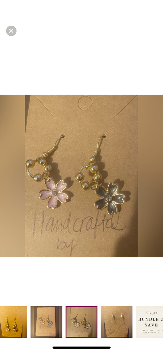 Handcrafted Black and Pink Flower Drop Mix Match Earrings
