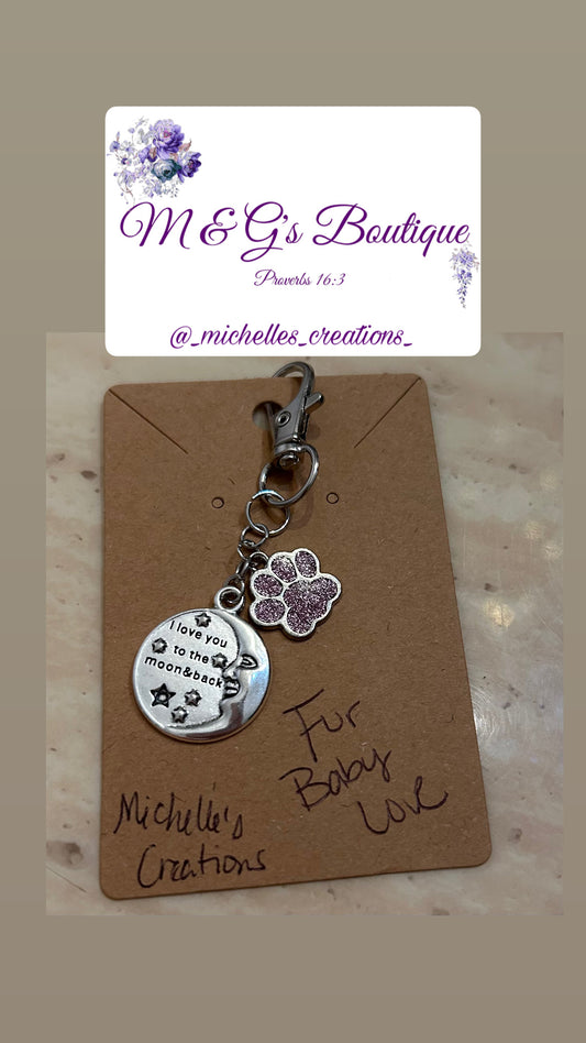 Handmade “Fur Baby Love” zipper bag keychain in purple and silver