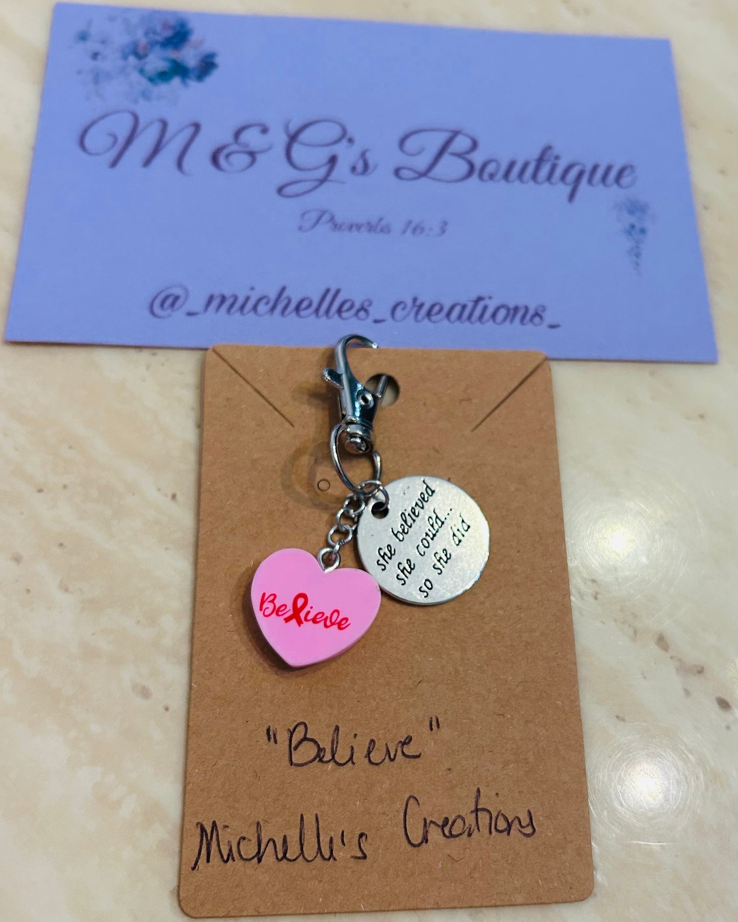 Cutie Creation Mix Match Charm Breast Cancer Awareness Keychain - Believe