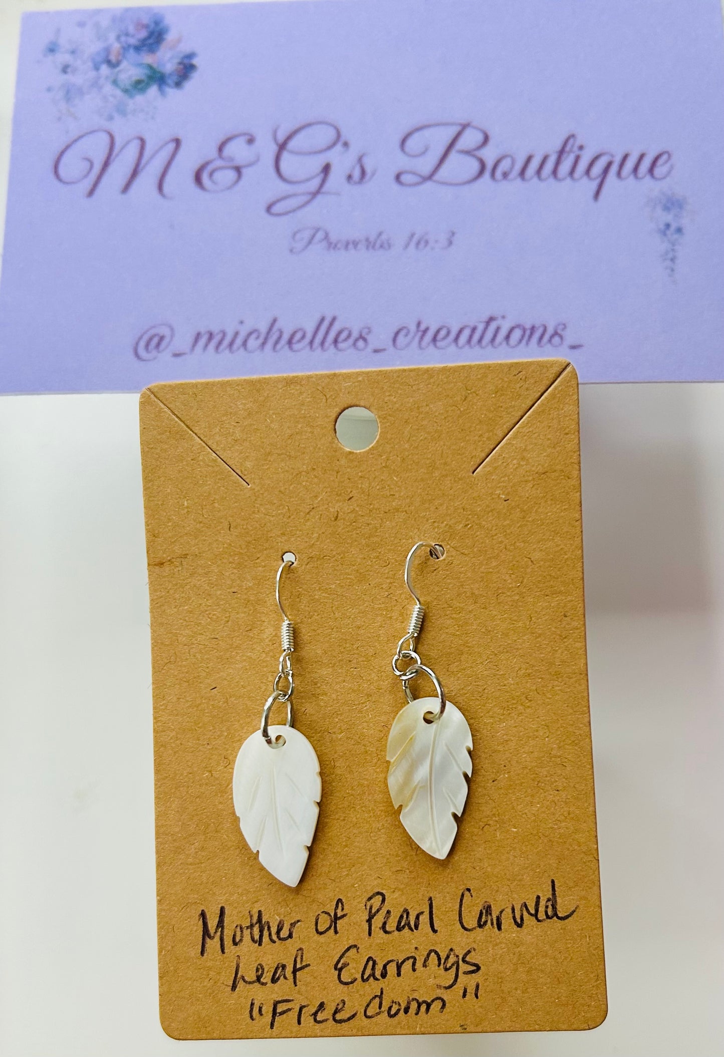 Cutie Creation Freedom Mother Of Pearl Carved Leaf Earrings