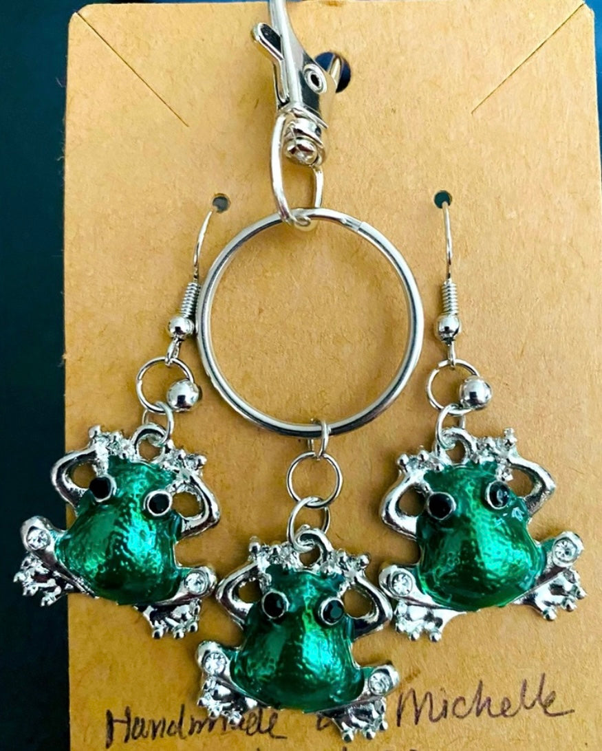 Handmade Green “Chubby Froggy” Frog Silver tone Earrings and Keychain Set