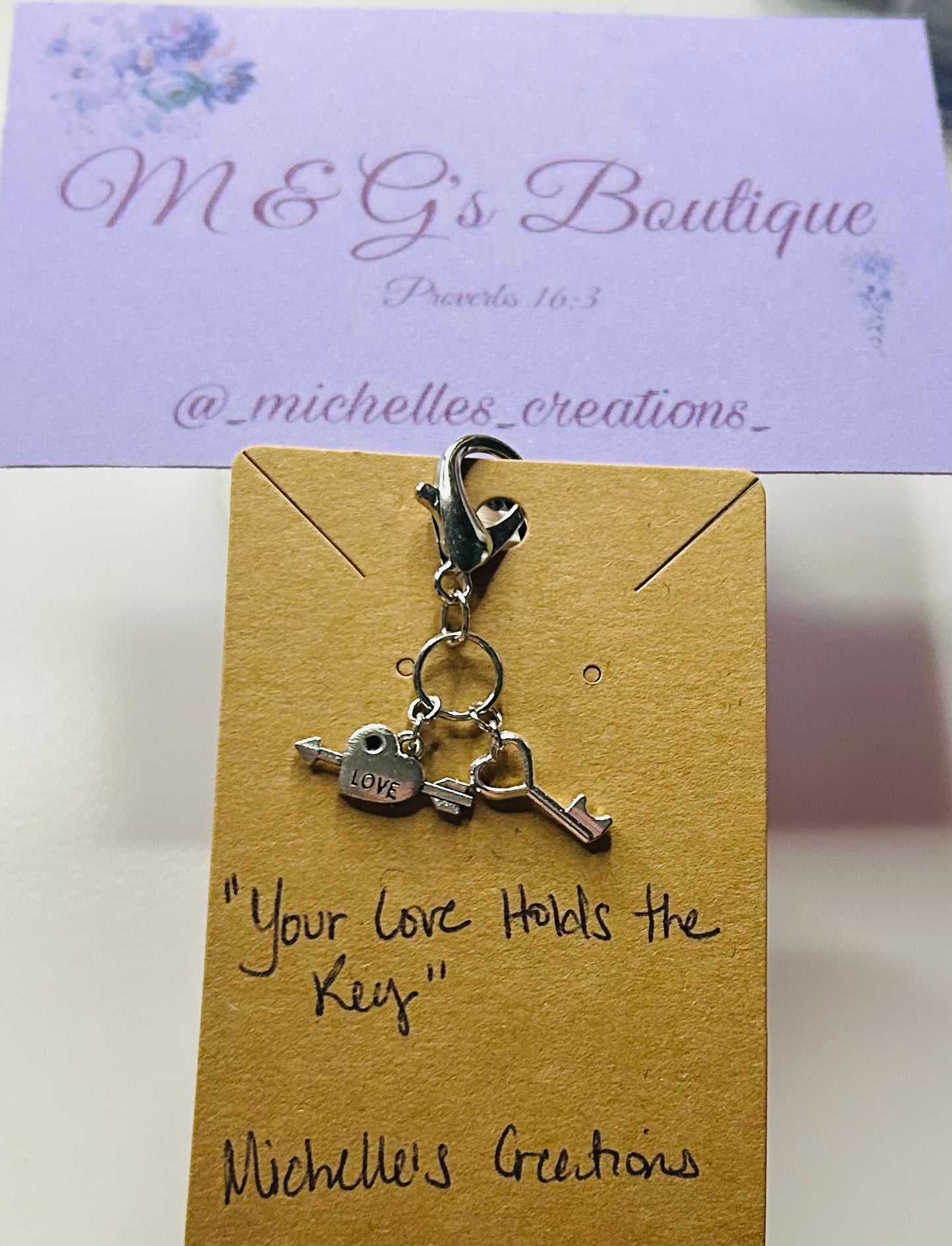 Handmade “Your Love Holds The Key” zipper bag keychain