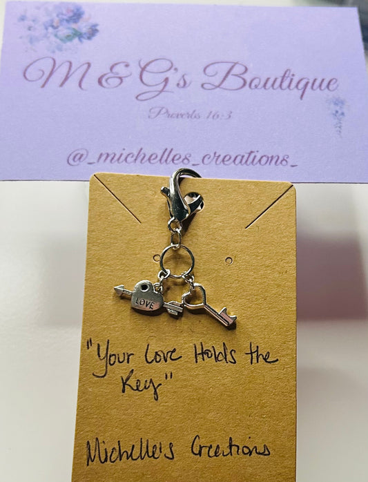 Handmade “Your Love Holds The Key” zipper bag keychain