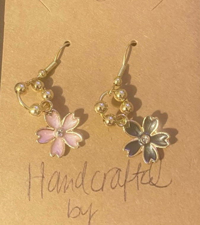 Handcrafted Black and Pink Flower Drop Mix Match Earrings
