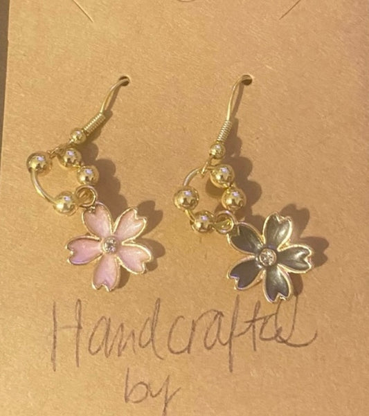 Handcrafted Black and Pink Flower Drop Mix Match Earrings