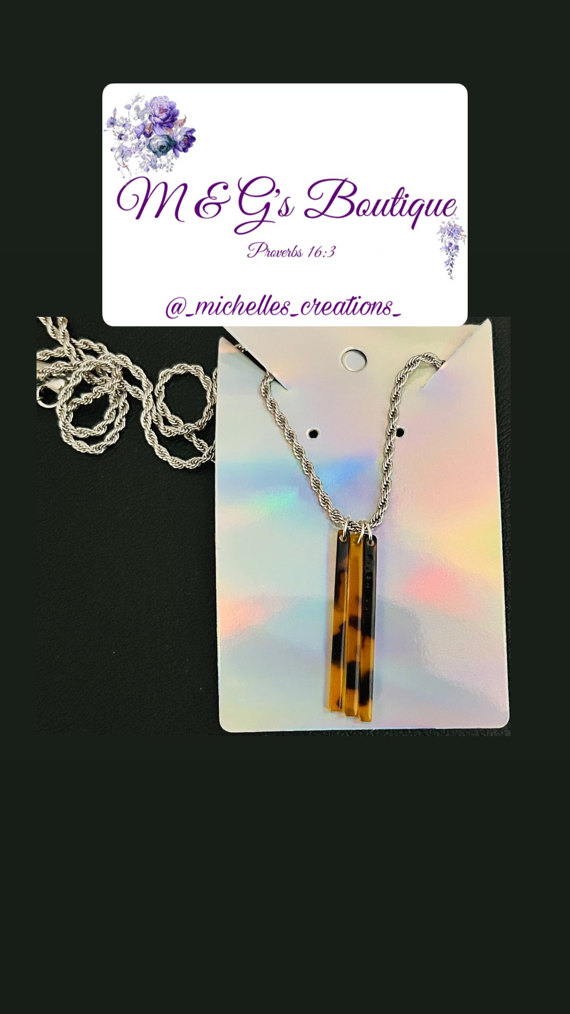 Cutie Creation Triple Tortoise Shell Stick Drops Charm Pendant Chain