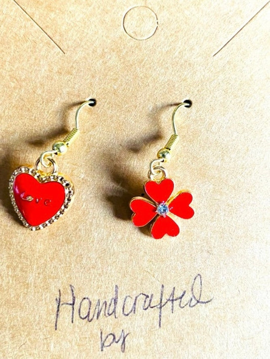 Handmade Red Heart and Flower Mix Match Earrings