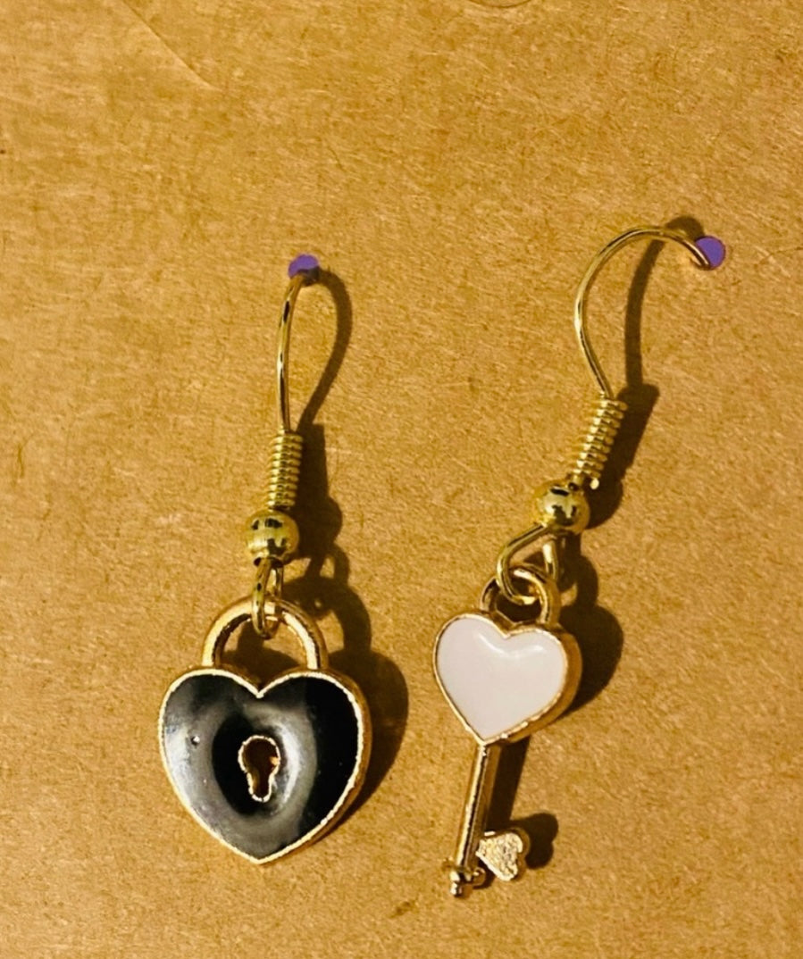Handcrafted Heart Key and Lock Mix Match Earrings Drop - Black and White