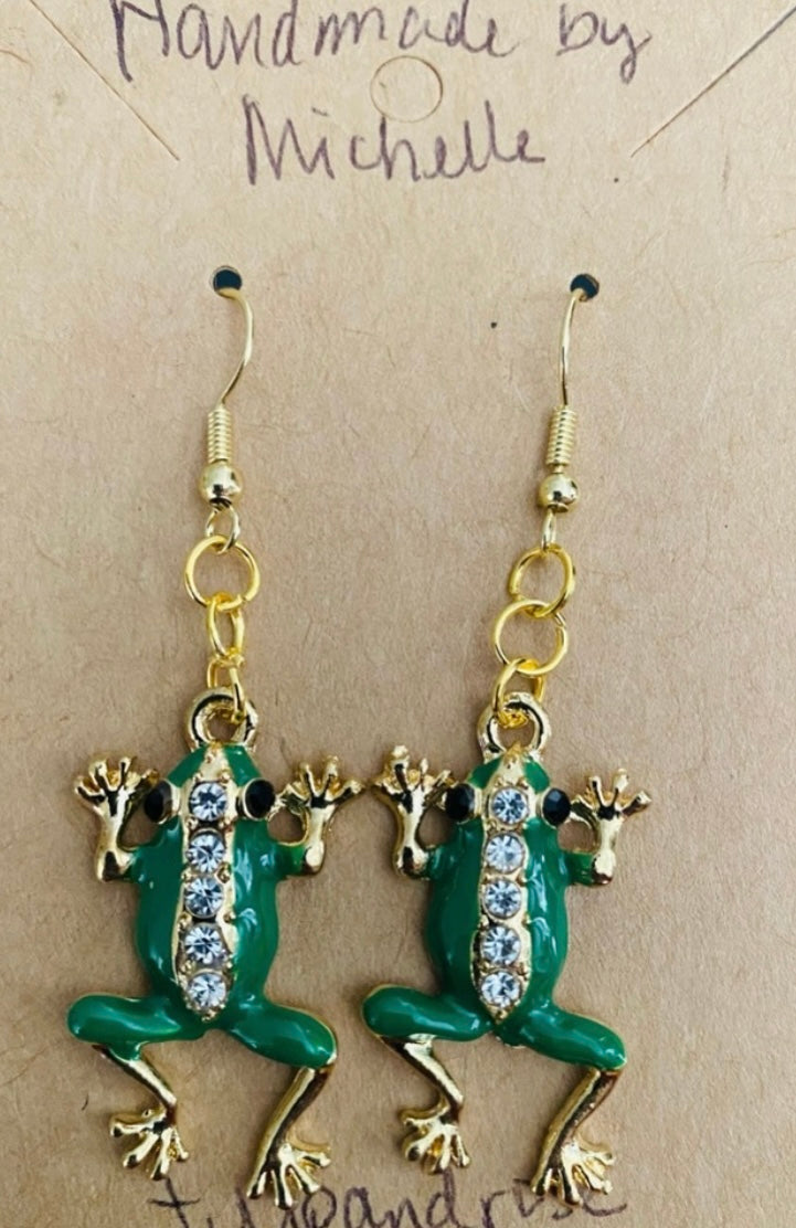 Handmade Green “Golden Blingy Froggy” Gold tone Earrings