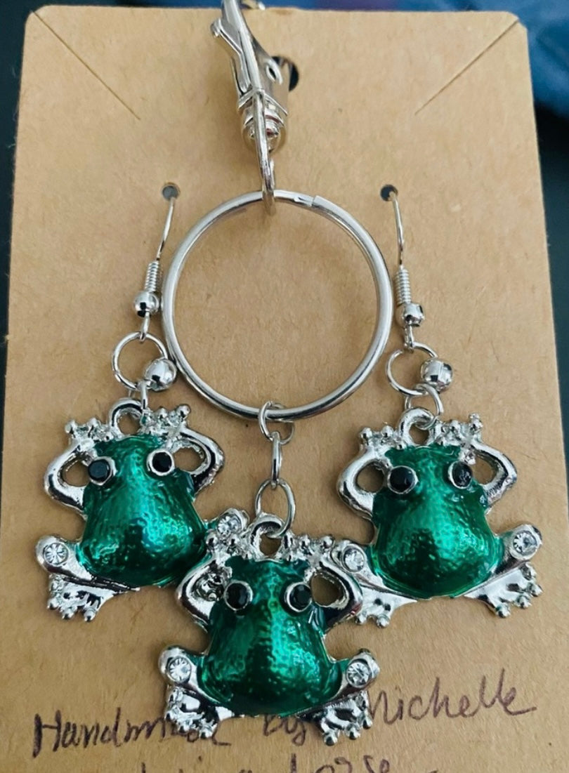 Handmade Green “Chubby Froggy” Frog Silver tone Earrings and Keychain Set