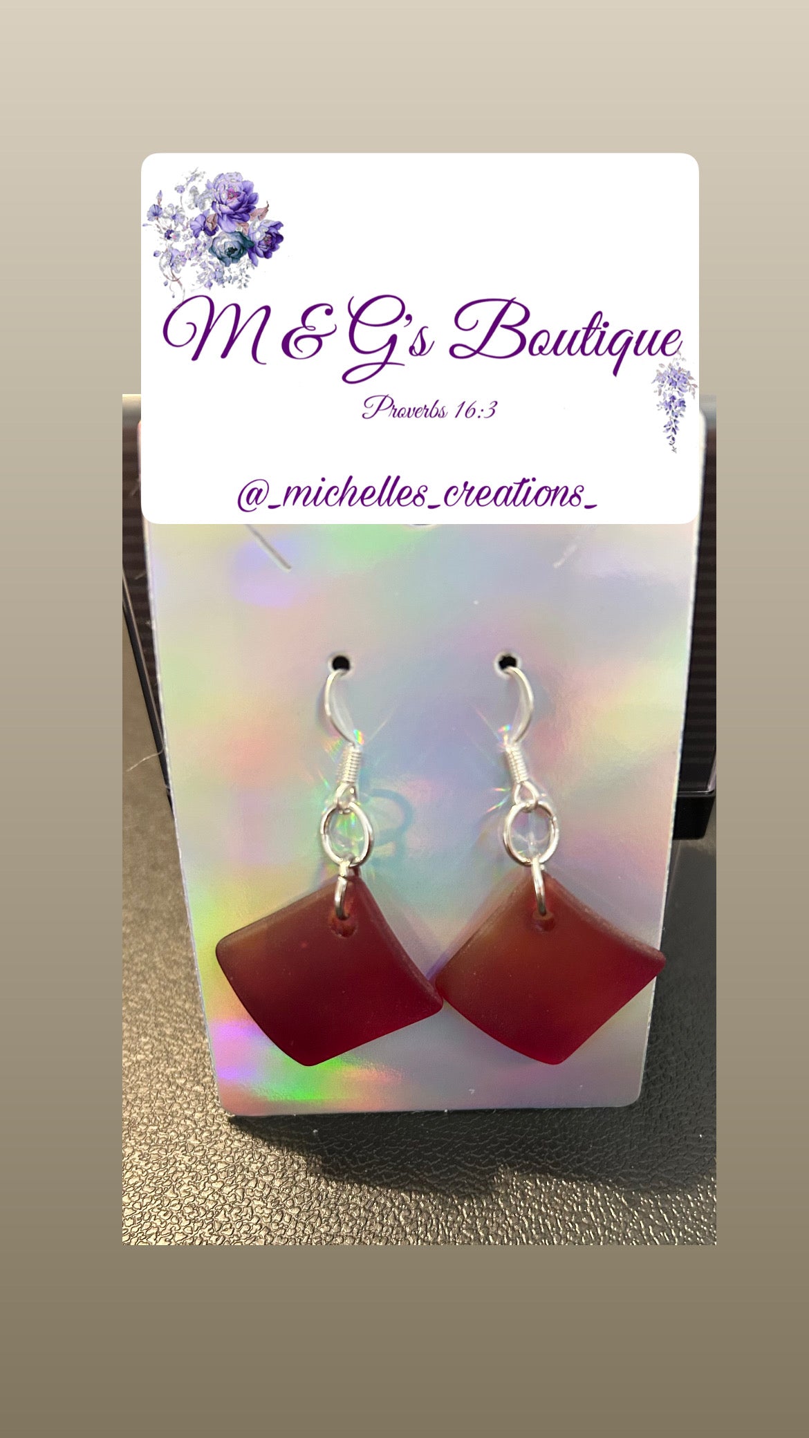 Cutie Creation Cherry Red Beach-Style Glass Curved Diamond Square Pendant Valentine Earrings