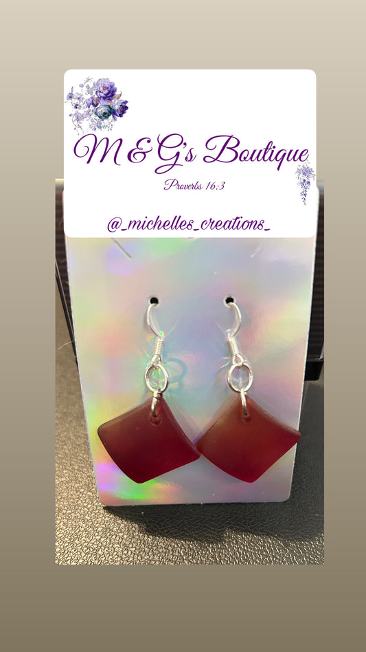 Cutie Creation Cherry Red Beach-Style Glass Curved Diamond Square Pendant Valentine Earrings