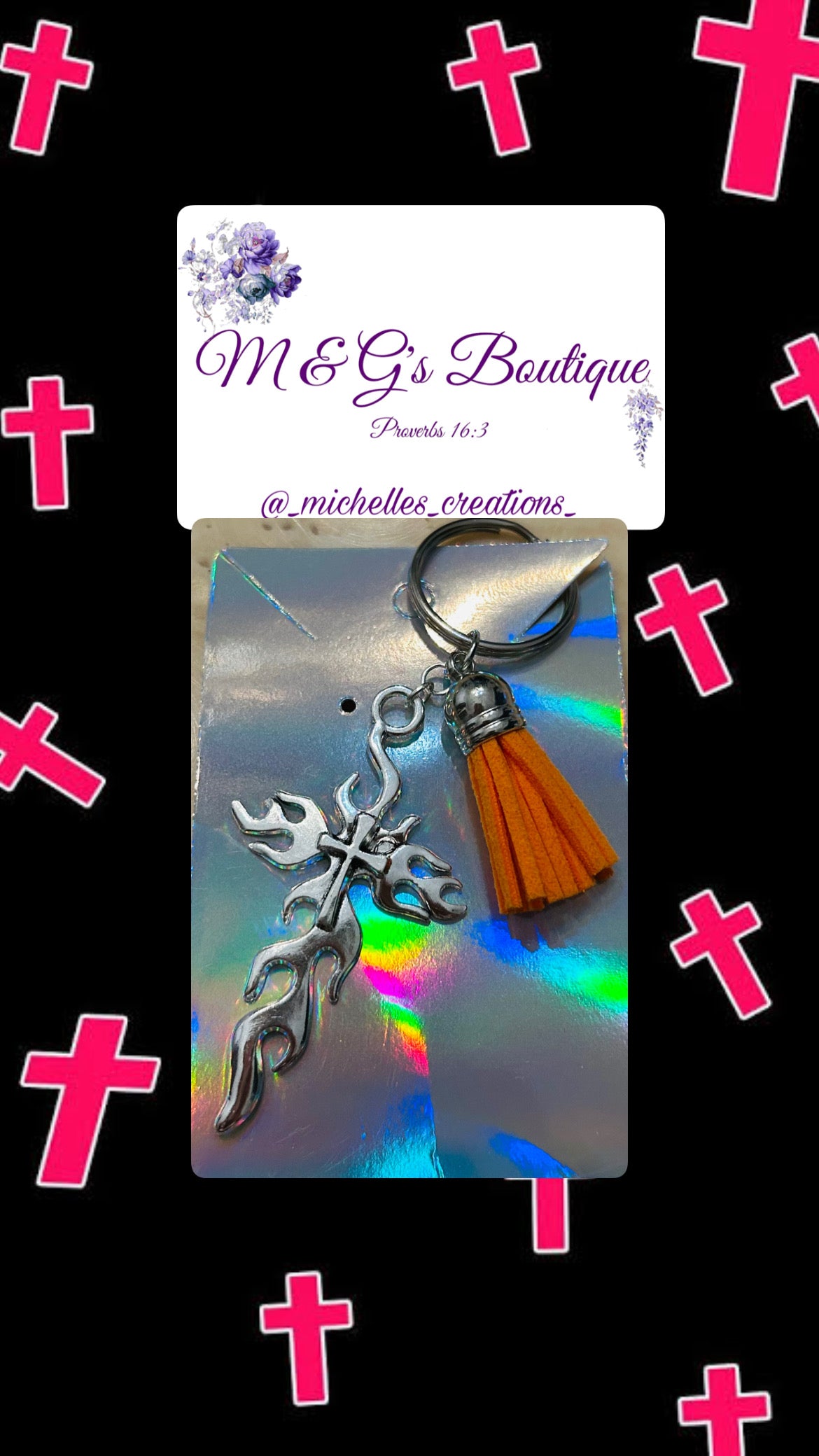 Cutie Creations Cross Charm Keychain- Flaming Cross with Orange Tassel