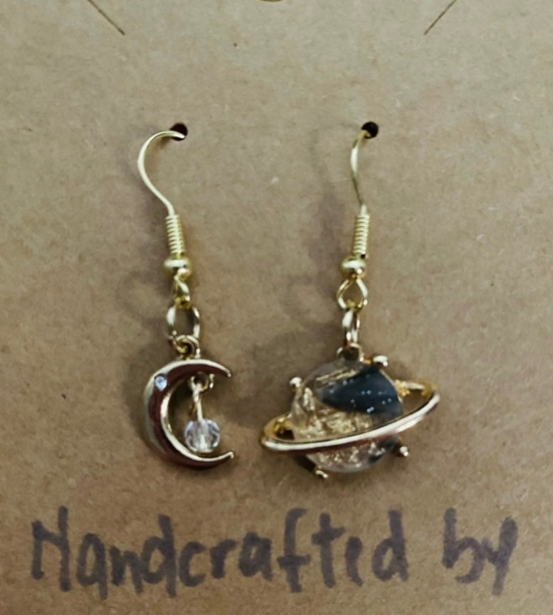 Handcrafted Space Fashion Drop Earrings Moon and Planet