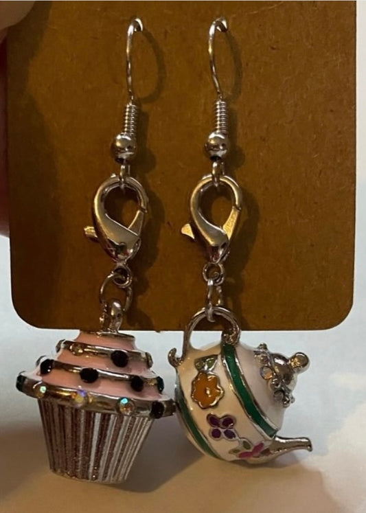 CLEARANCE Cutie Creation Tea Time Earrings - Mix-Matched Tea Pot and Cupcake Charm Earrings