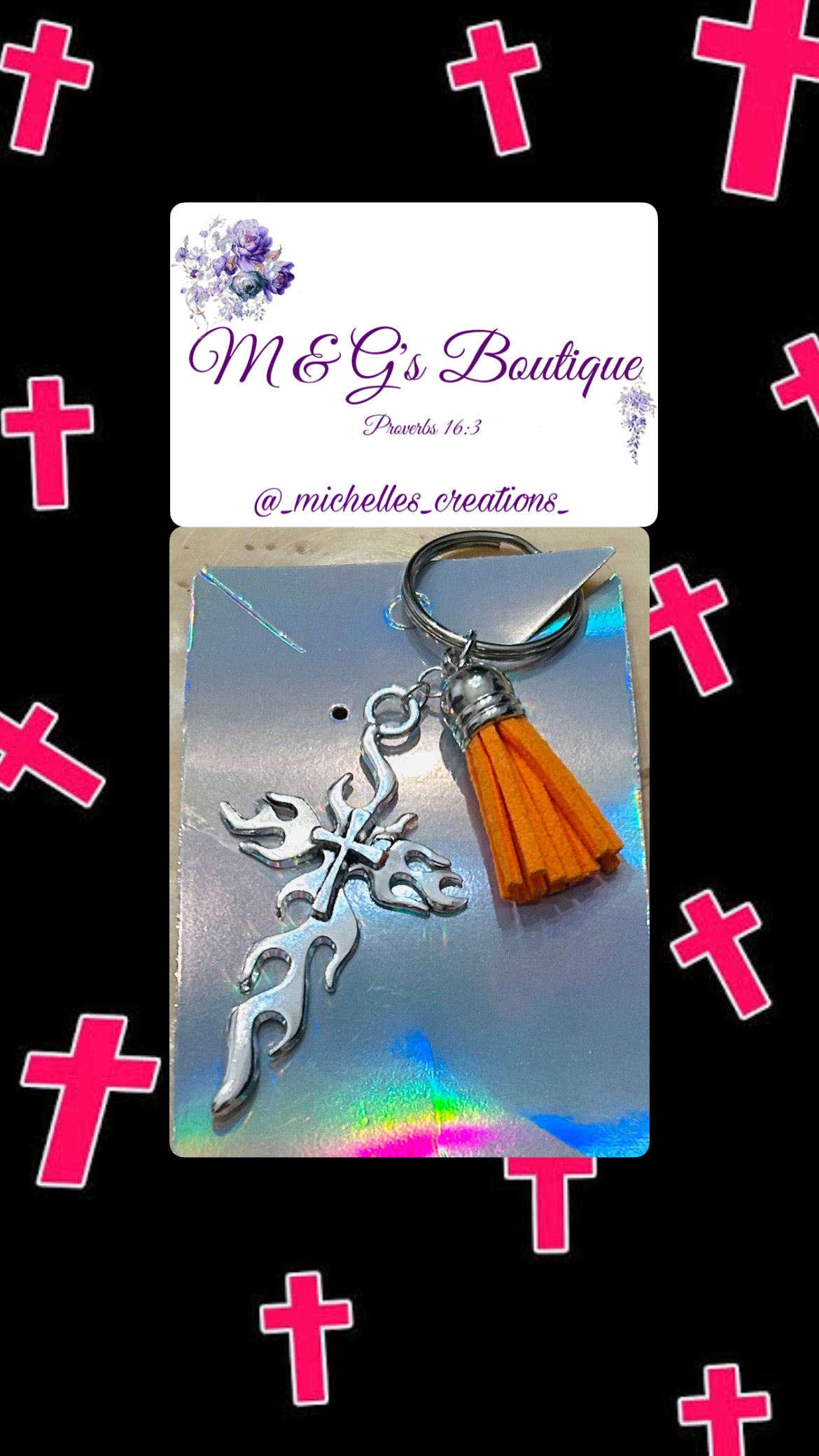 Cutie Creations Cross Charm Keychain- Flaming Cross with Orange Tassel