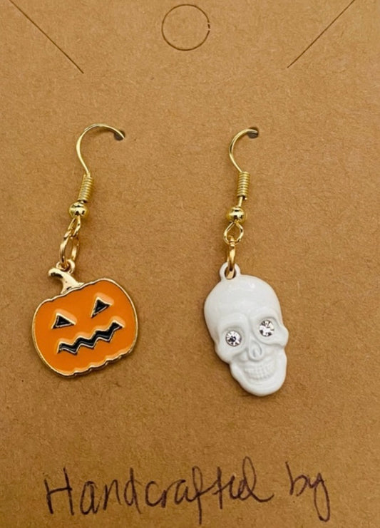 Handcrafted Spooky Season Mix Matchrec Jack O Lantern and Skull Fashion Drop Earrings