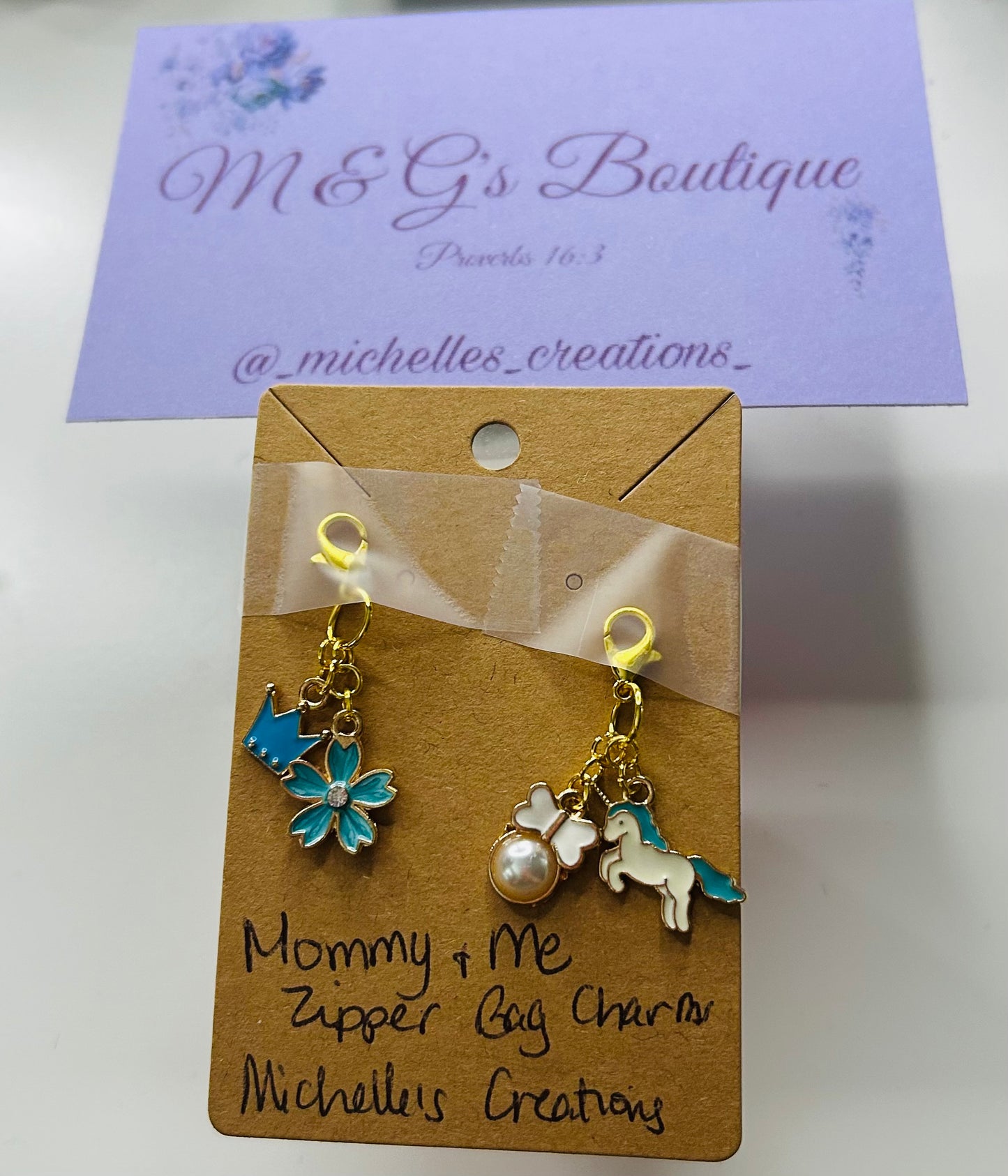 Handmade Mommy & Me Blue Zipper Bag Charms Bundle for Mom & Princess Gold tone