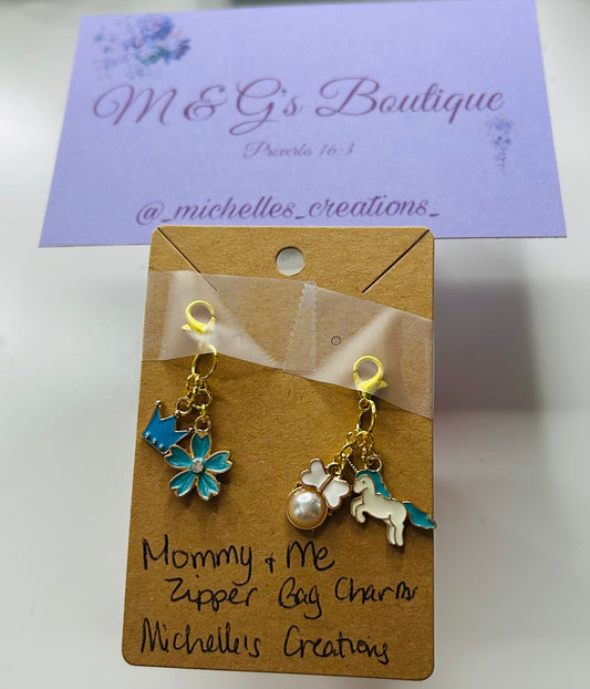 Handmade Mommy & Me Blue Zipper Bag Charms Bundle for Mom & Princess Gold tone